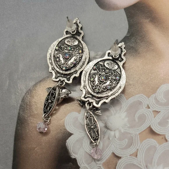 Vintage Signed Kirks Folly Whimsical Pink Cameo Crystal Ornate Silver Earrings